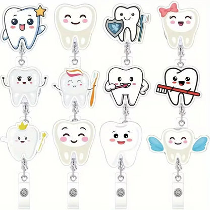 Set of cartoon tooth-shaped badge holders with various accessories on a white background