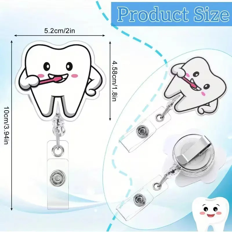 Cartoon tooth design badge holder with measurements on a light blue background