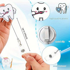 Tooth-themed badge reel with metal clip and snap fastener, held by a hand against a blue background.