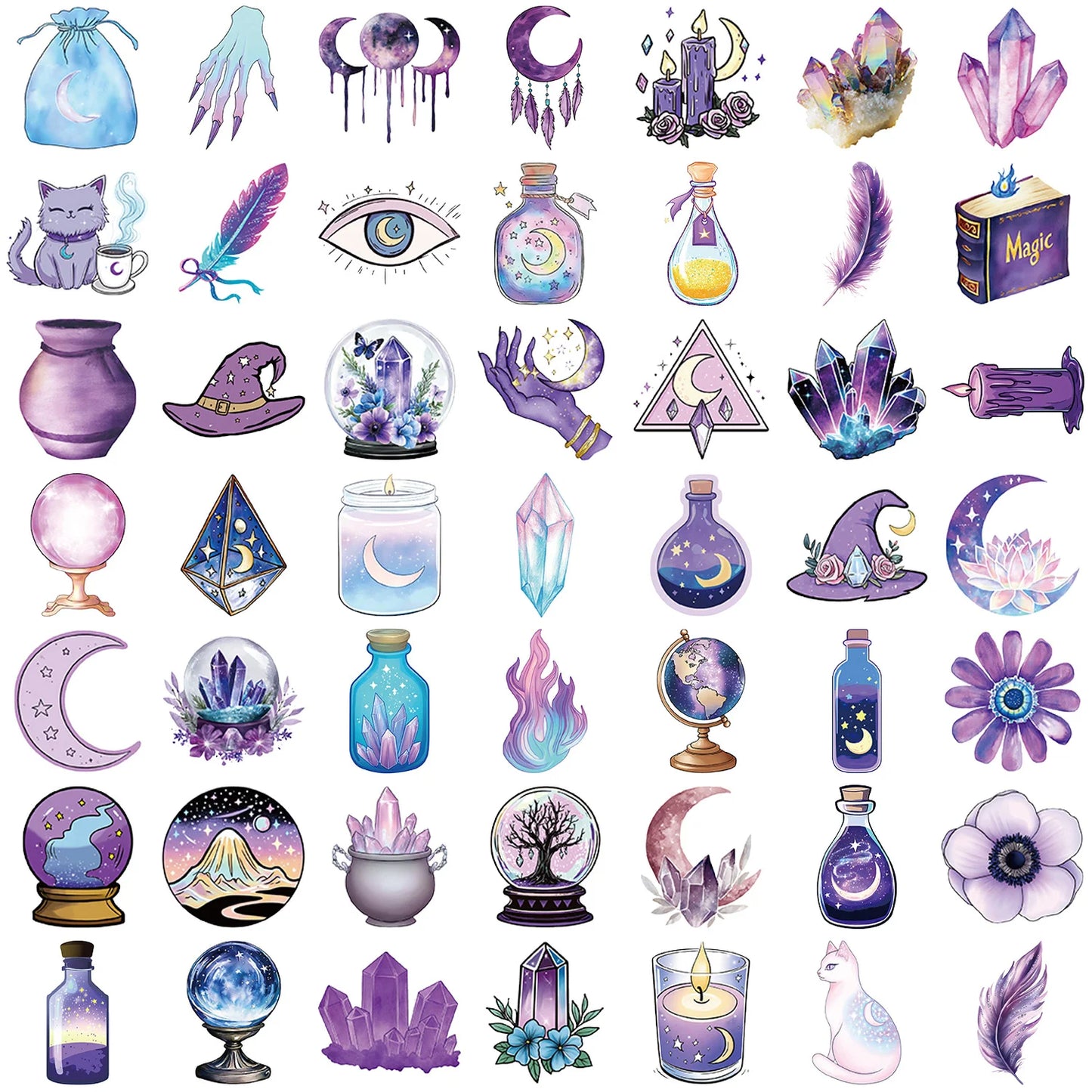 Collection of purple and blue mystical stickers on a white background