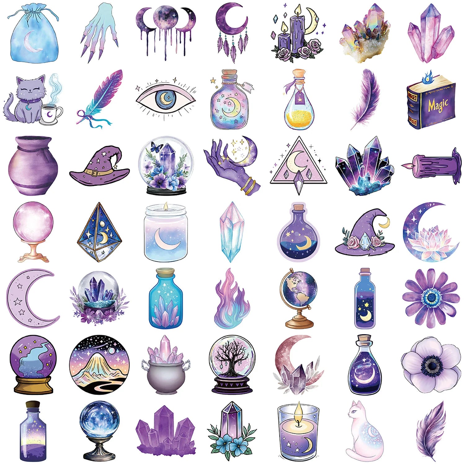 Collection of purple and blue mystical stickers on a white background