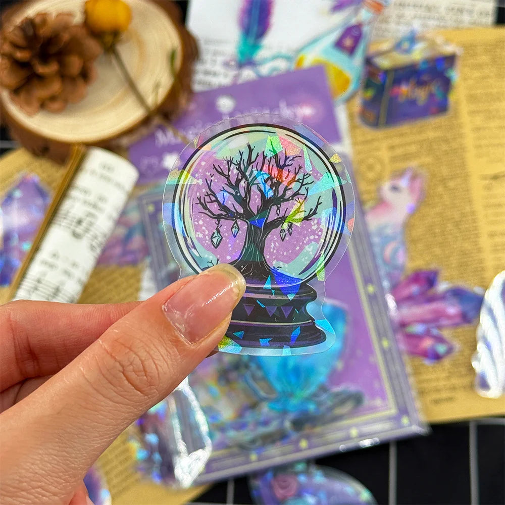 Holographic tree sticker held by a hand with colorful background