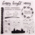 Clear stamp set with festive designs including birds, deer, and text.