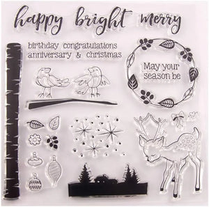 Clear stamp set with festive designs including birds, deer, and text.