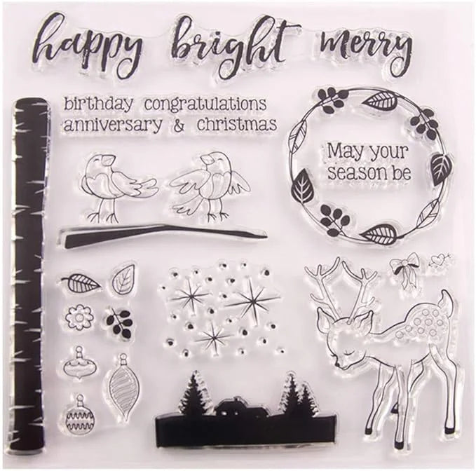 Clear stamp set with festive designs including birds, deer, and text.