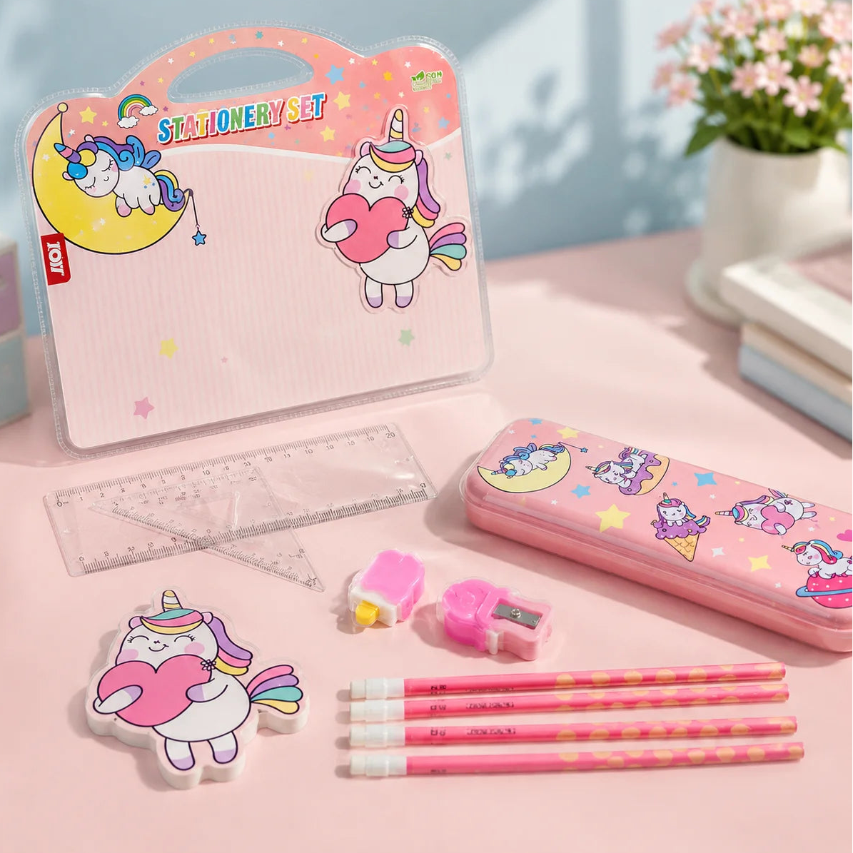 A pastel pink unicorn-themed stationery set arranged on a pink tabletop, including a carrying case, pencil case, pencils, eraser, ruler, sharpener, and a unicorn-shaped eraser. The items feature cartoon unicorns, moons, stars, and hearts in soft pink, yellow, purple, and white tones.