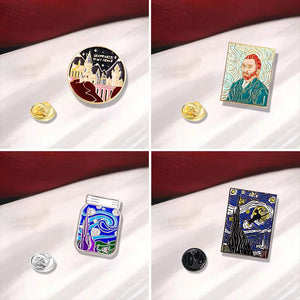 A collection of enamel pins with designs based on Van Gogh's artwork, displayed on a red fabric surface.