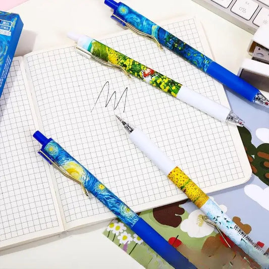 Colorful pens on a notebook with a blue pen cap