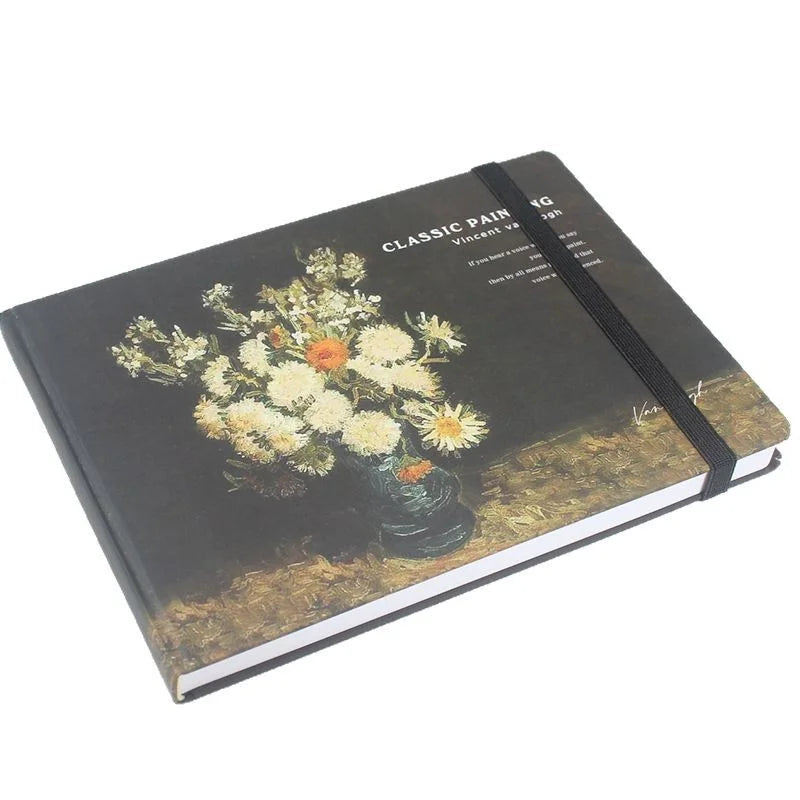 Notebook with a floral design on the cover, featuring Van Gogh's 'Still Life with Flowers' painting.
