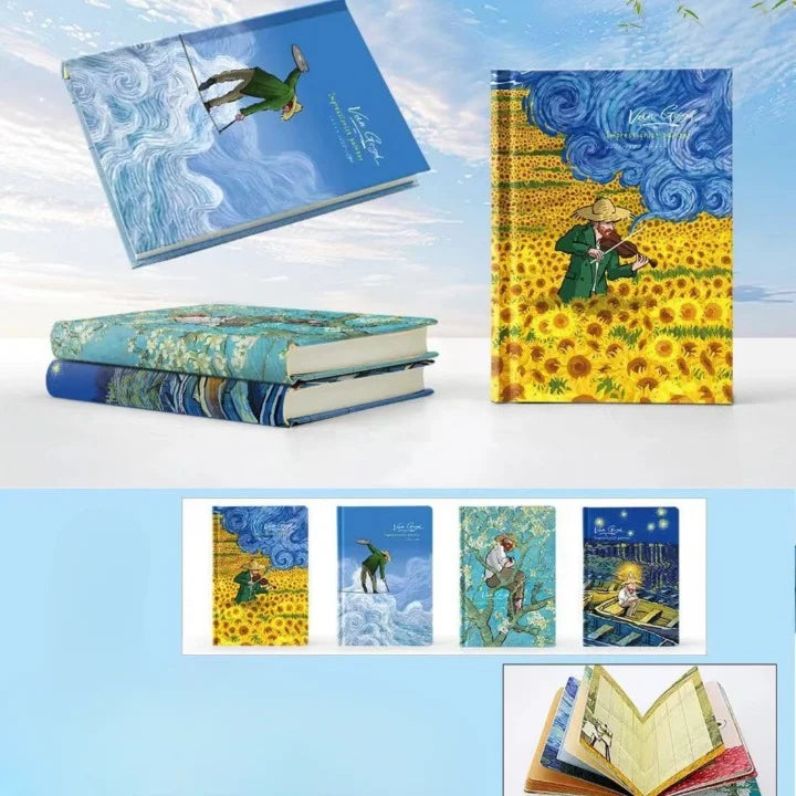 Van Gogh-themed books with artistic covers on a light blue background