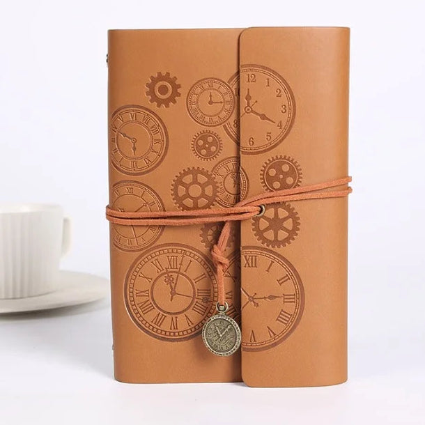 Vintage Clock Embossed Leather Dairy with Strap Closure