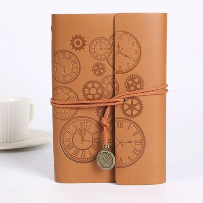 Vintage Clock Embossed Leather Dairy with Strap Closure