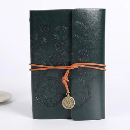 Vintage Clock Embossed Leather Dairy with Strap Closure
