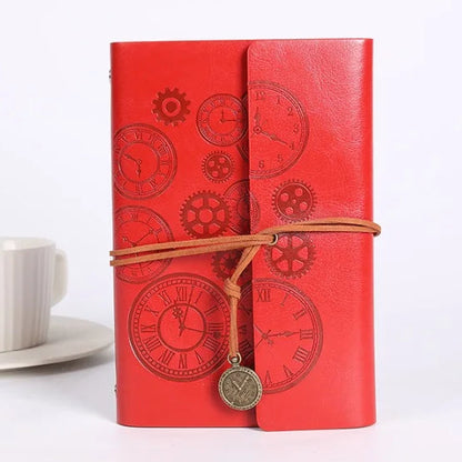 Vintage Clock Embossed Leather Dairy with Strap Closure