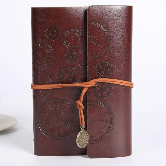 Vintage Clock Embossed Leather Dairy with Strap Closure