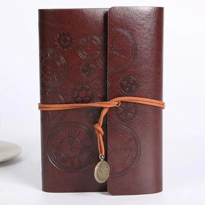 Vintage Clock Embossed Leather Dairy with Strap Closure