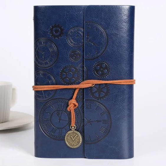 Vintage Clock Embossed Leather Dairy with Strap Closure
