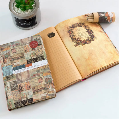 Open notebook with decorative cover and lined pages on a white surface