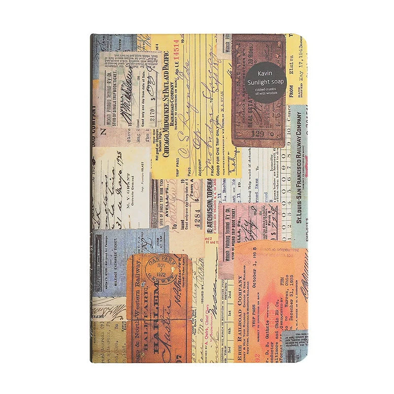 Notebook with vintage-style collage cover on a white background