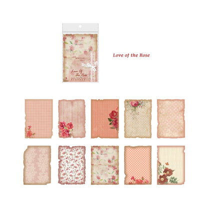 Set of floral and checkered patterned cards with packaging labeled 'Love of the Rose' on a white background.