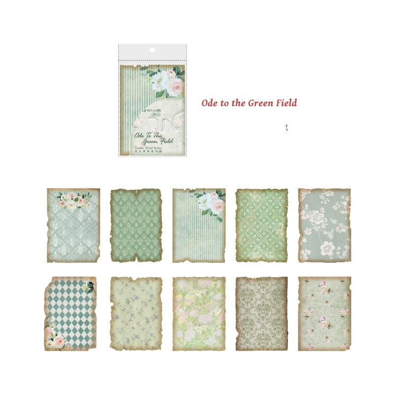 Packaging of decorative paper sheets with floral and patterned designs, labeled 'Ode to the Green Field'.