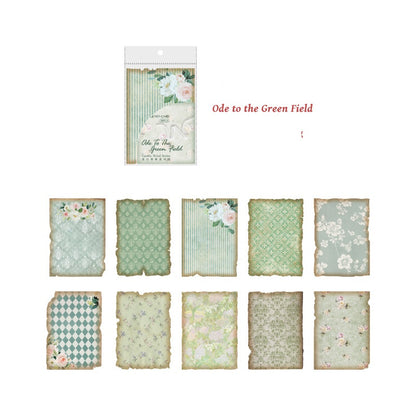 Packaging of decorative paper sheets with floral and patterned designs, labeled 'Ode to the Green Field'.