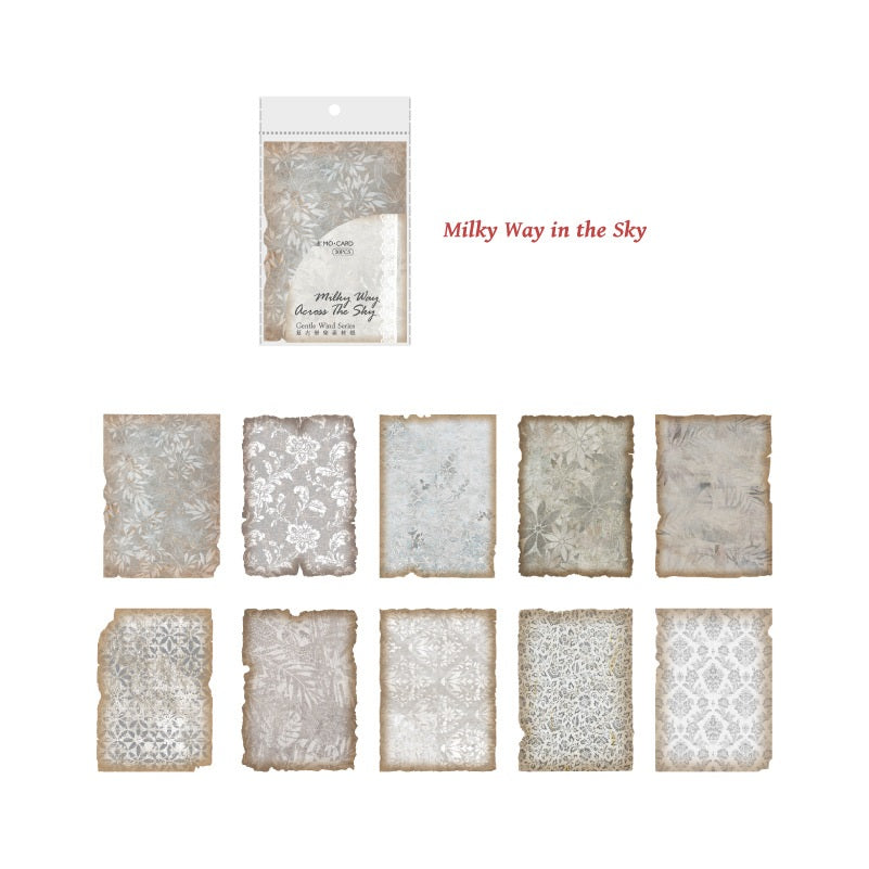 Set of decorative paper squares with lace patterns and a packaging labeled 'Milky Way in the Sky'.