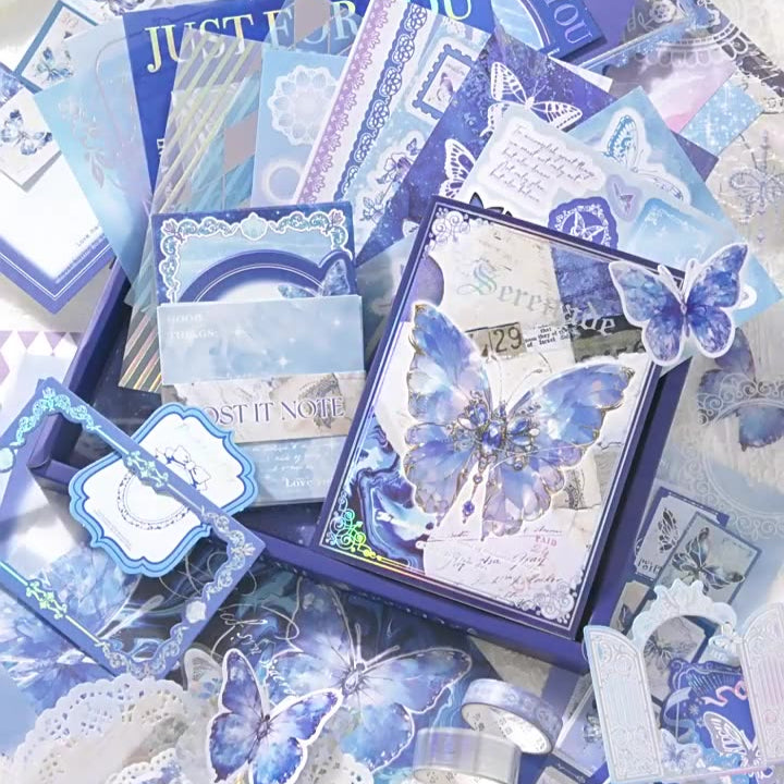 Collection of blue-themed greeting cards with butterfly designs and text.