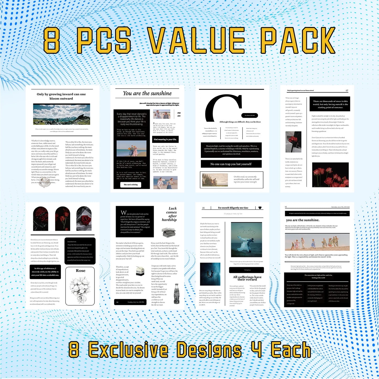 8-piece value pack with 8 exclusive designs on a blue patterned background