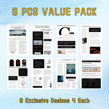 8-piece value pack with 8 exclusive designs on a blue patterned background