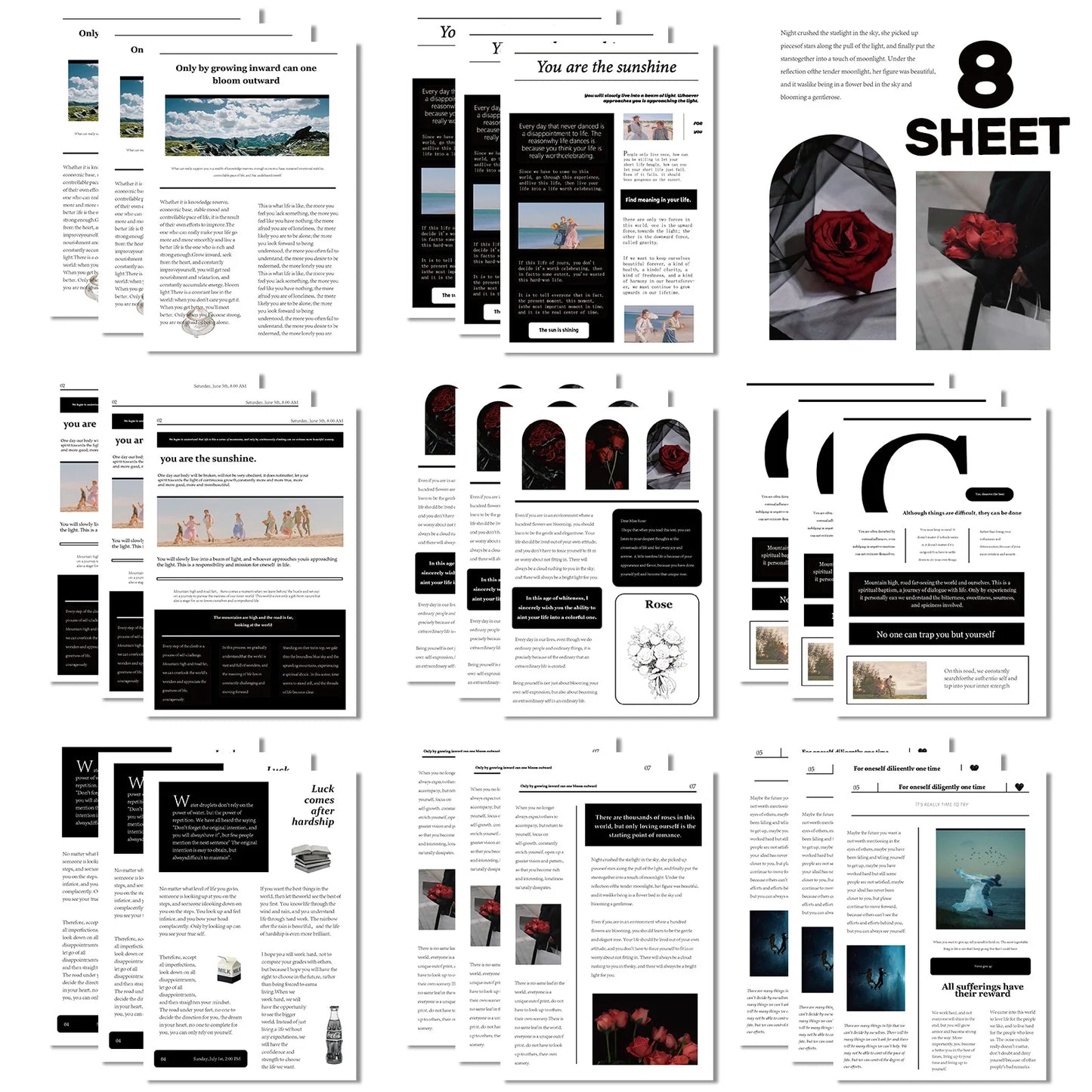 Collection of printed pages with text and images on a white background