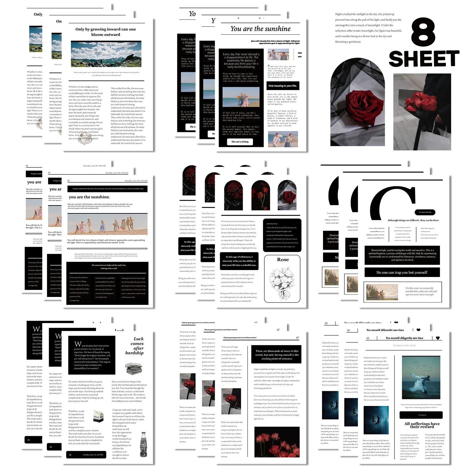 Collection of printed pages with text and images on a white background