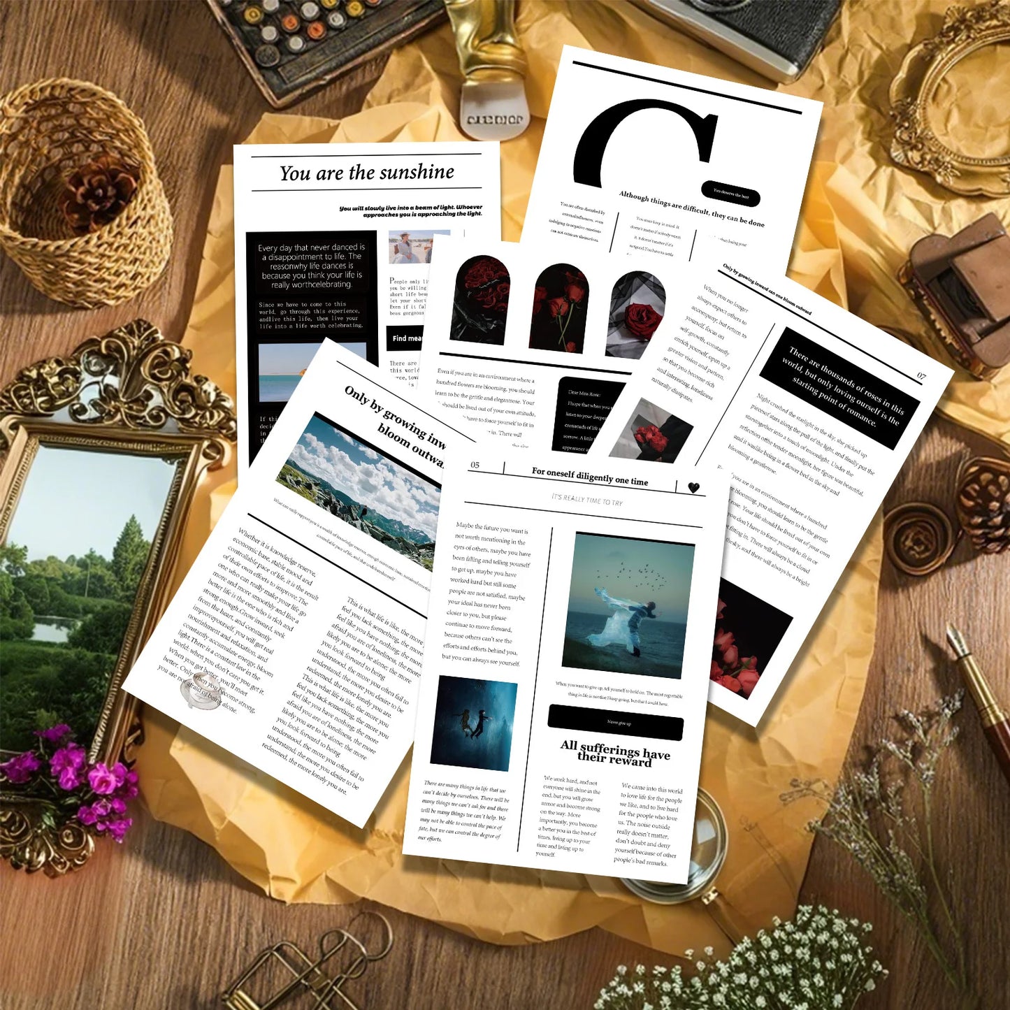 Documents on a wooden surface with decorative items