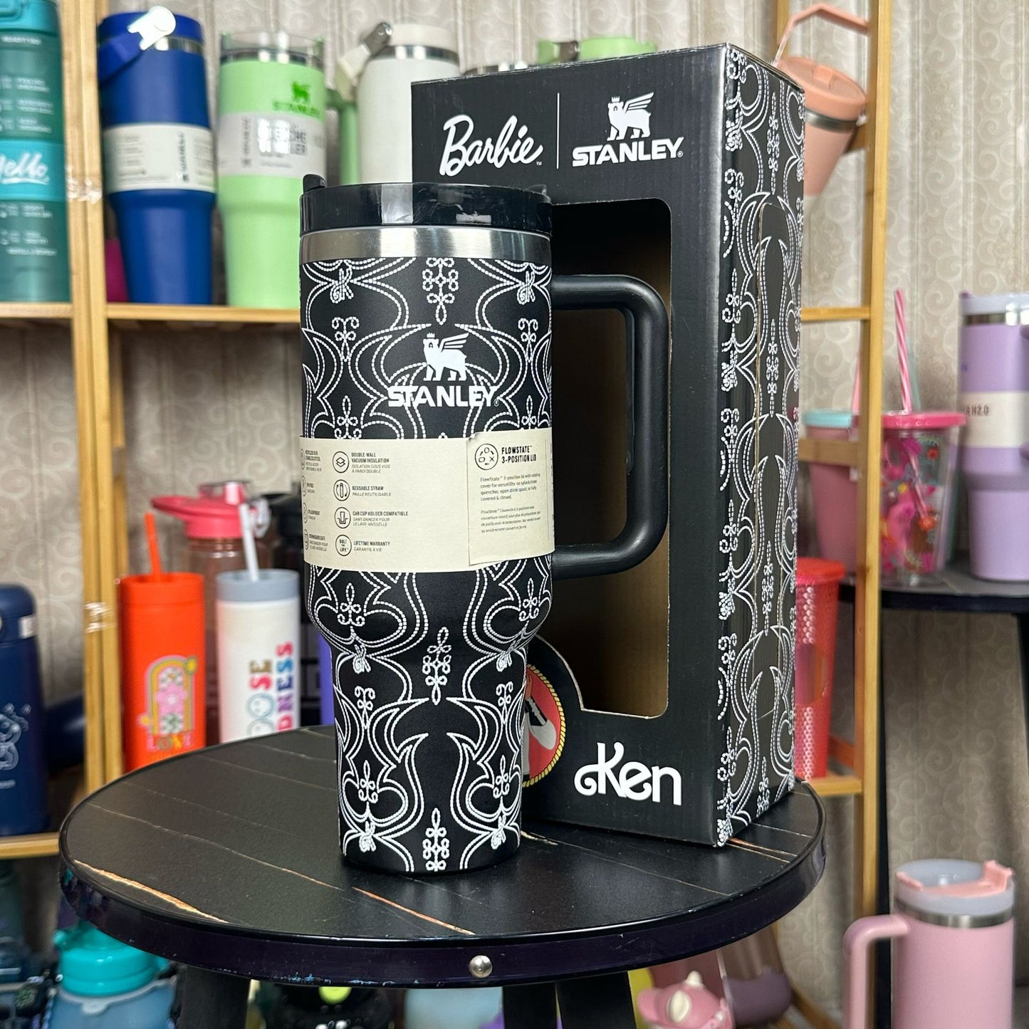 Stanley Steel Tumbler 40 oz with Plastic Straw - Black Floral