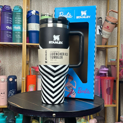 Stanley Steel Tumbler 40 oz with Plastic Straw - Black with White Stripes