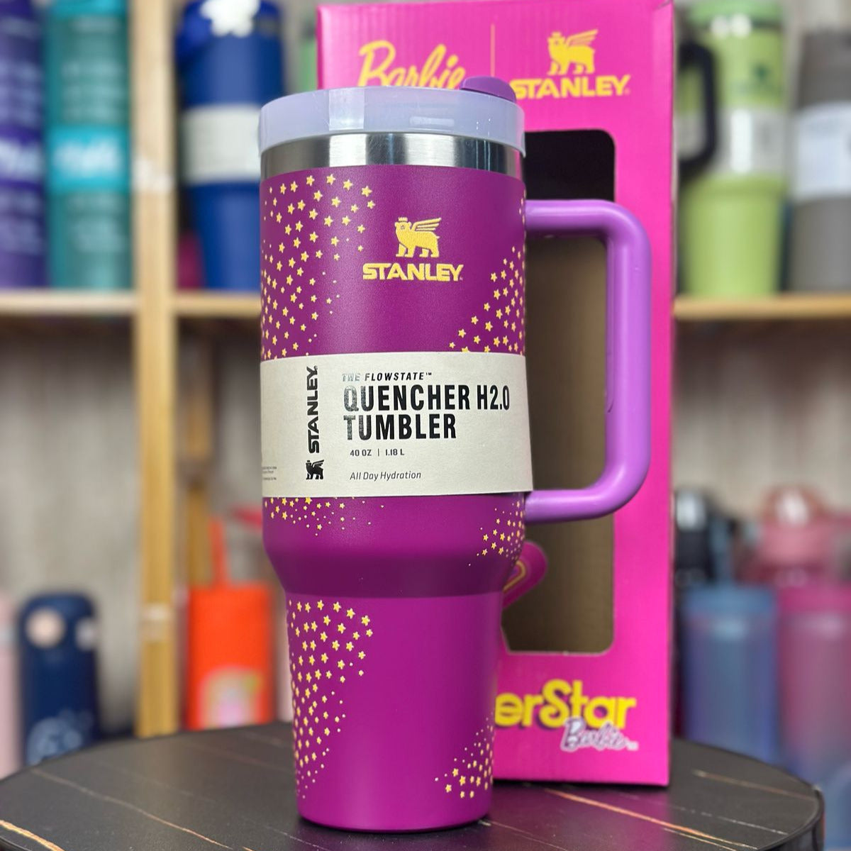 Stanley Steel Tumbler 40 oz with Plastic Straw - Purple Stars