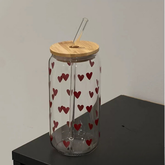 Hearts Printed Glass Cup with Straw