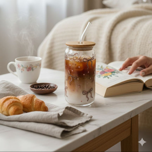 Bamboo Lid Ribbon with Polka Glass Cup