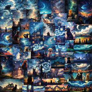 Collage of various artistic illustrations featuring animals and landscapes under starry skies.
