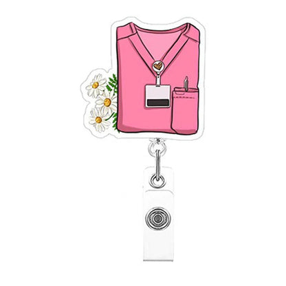 Pink scrubs with a badge holder and flowers on a white background