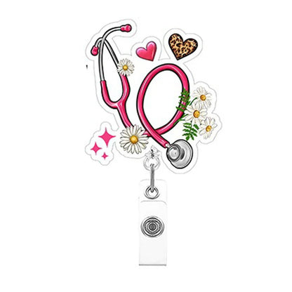 Stethoscope-themed badge reel with decorative elements on a white background