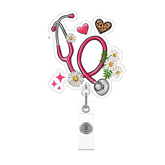 Stethoscope-themed badge reel with decorative elements on a white background