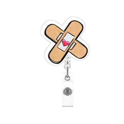 Retractable badge holder with bandage design and heart symbol on a white background