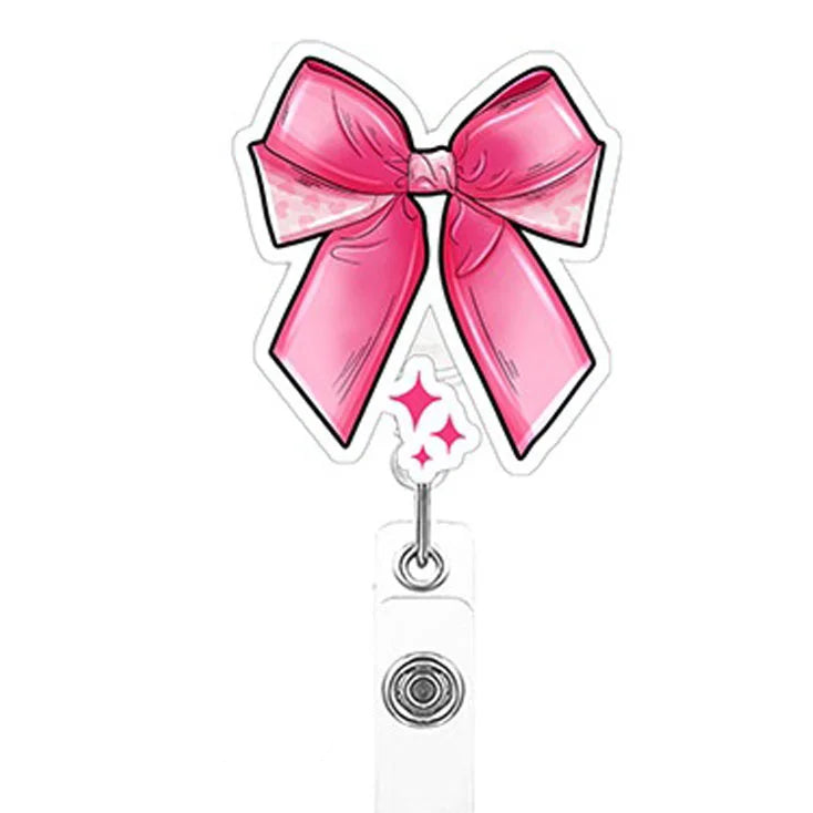Pink bow with a badge holder on a white background