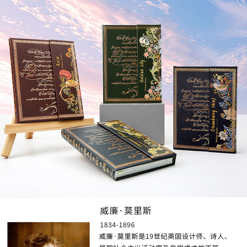 Decorative books with floral designs and text on a white background