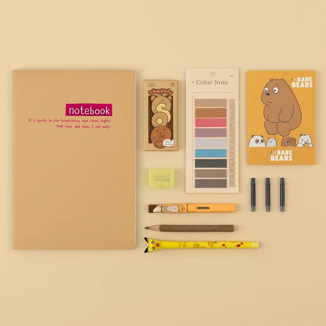 Stationery items including a notebook, pens, and a color swatch on a beige background