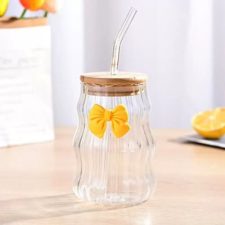 Bamboo Lid Bow Glass Cup