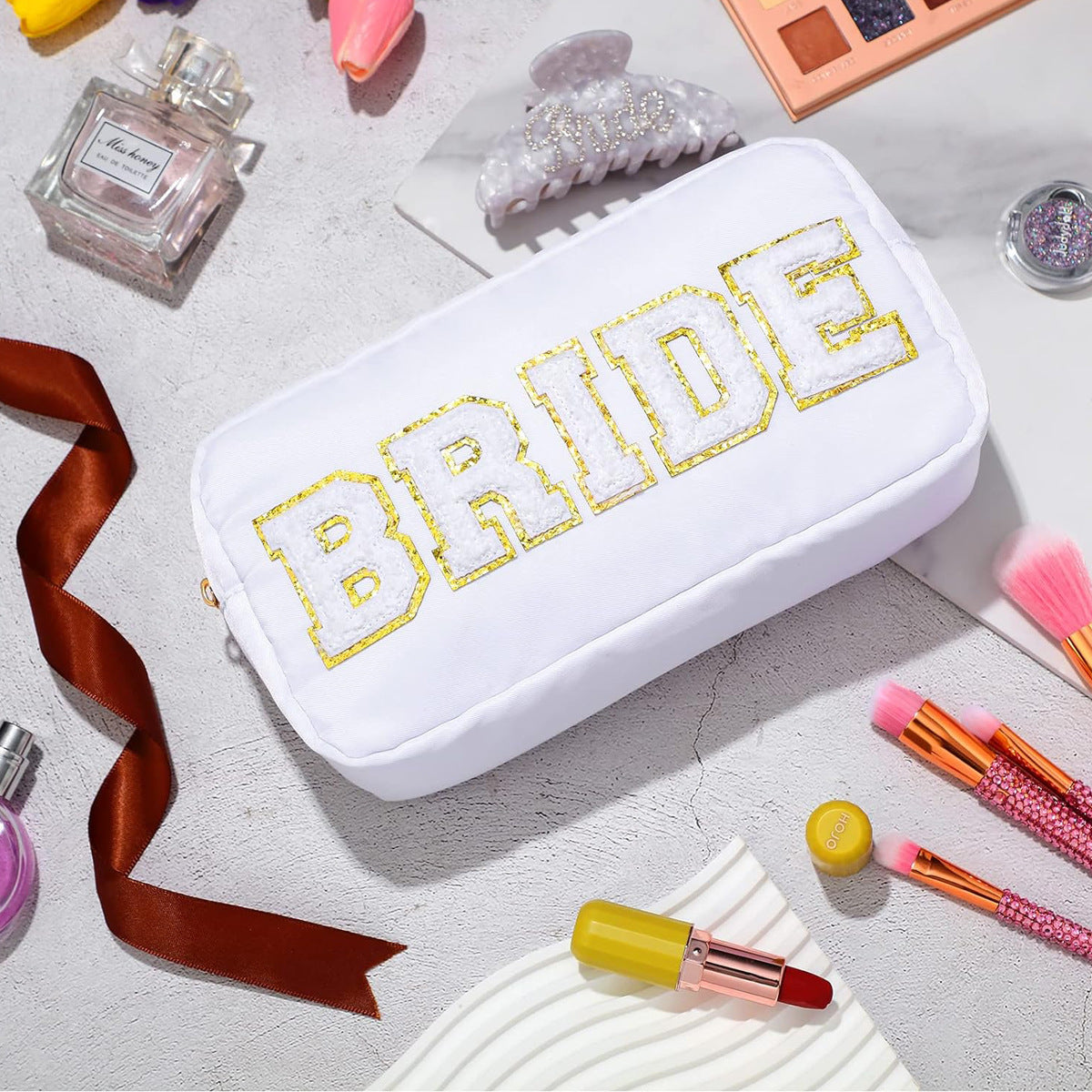 Bride Embroidered Leather Cosmetic Pouch