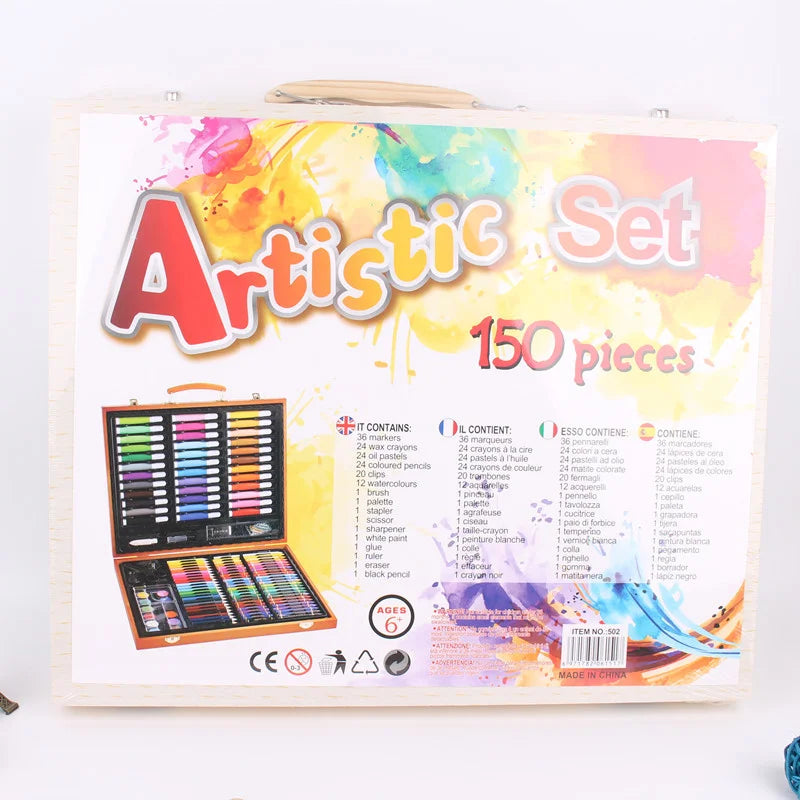 Artistic set packaging with colorful design and text on a white background