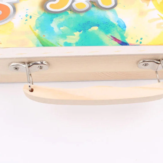 Wooden hanger with metal hooks on a colorful background